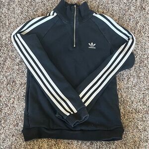 Adidas Men's Black Zip-Up Sweater with White Stripes